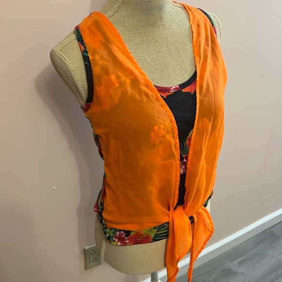 Women’s razor back neon orange tie front Hawaiian floral size L Bongo - Picture 2 of 6